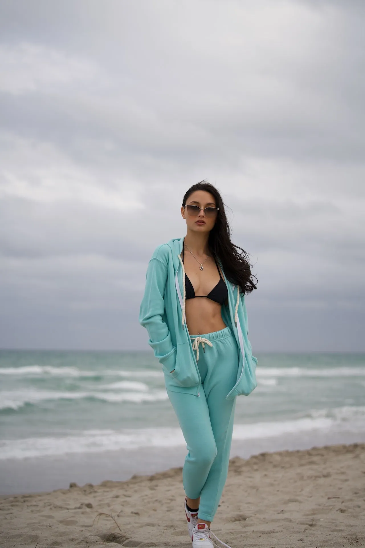 Aqua Tracksuit Set Hoodie Jacket And Joggers Two Piece Set