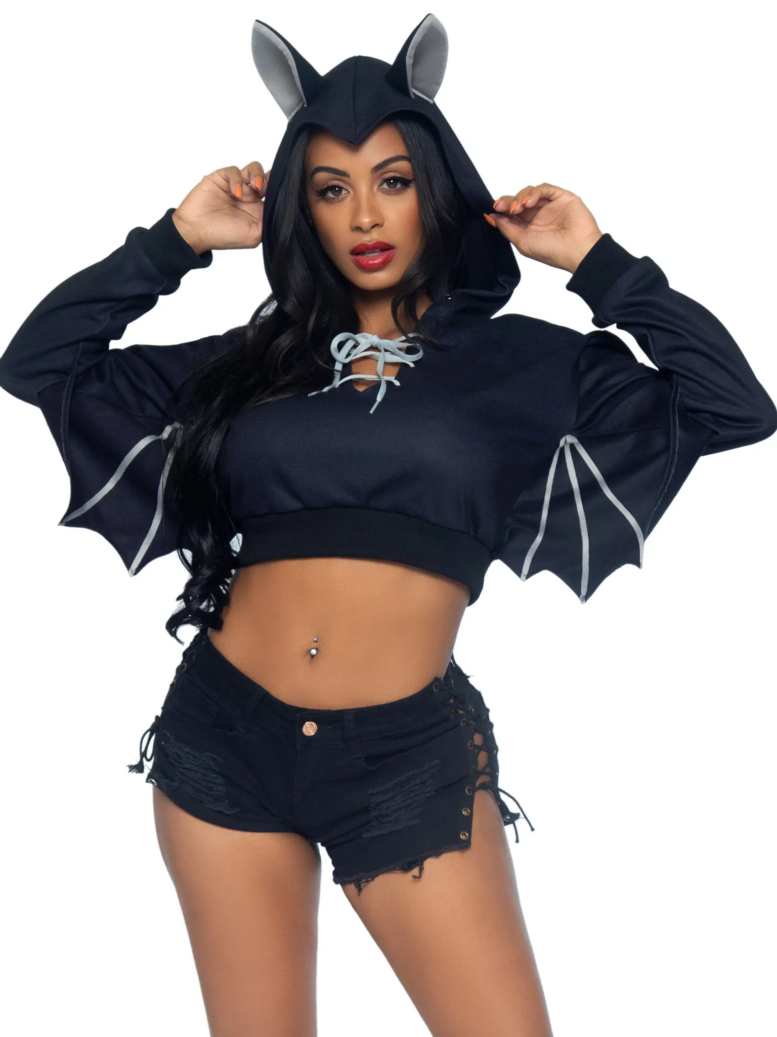 Bat Cropped Hoodie With Wings