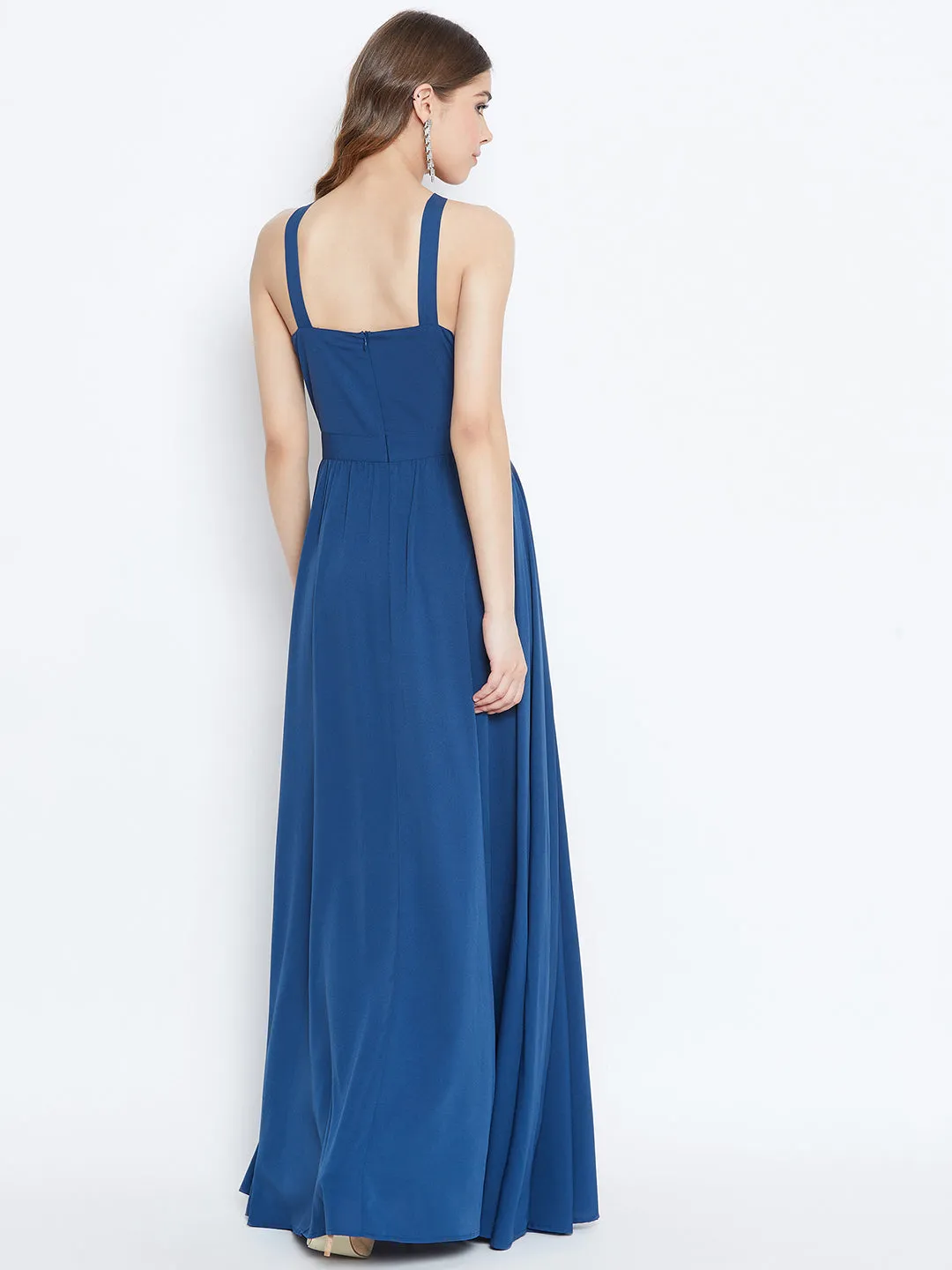 Berrylush Women Solid Blue Halter Neck Flared Maxi Dress