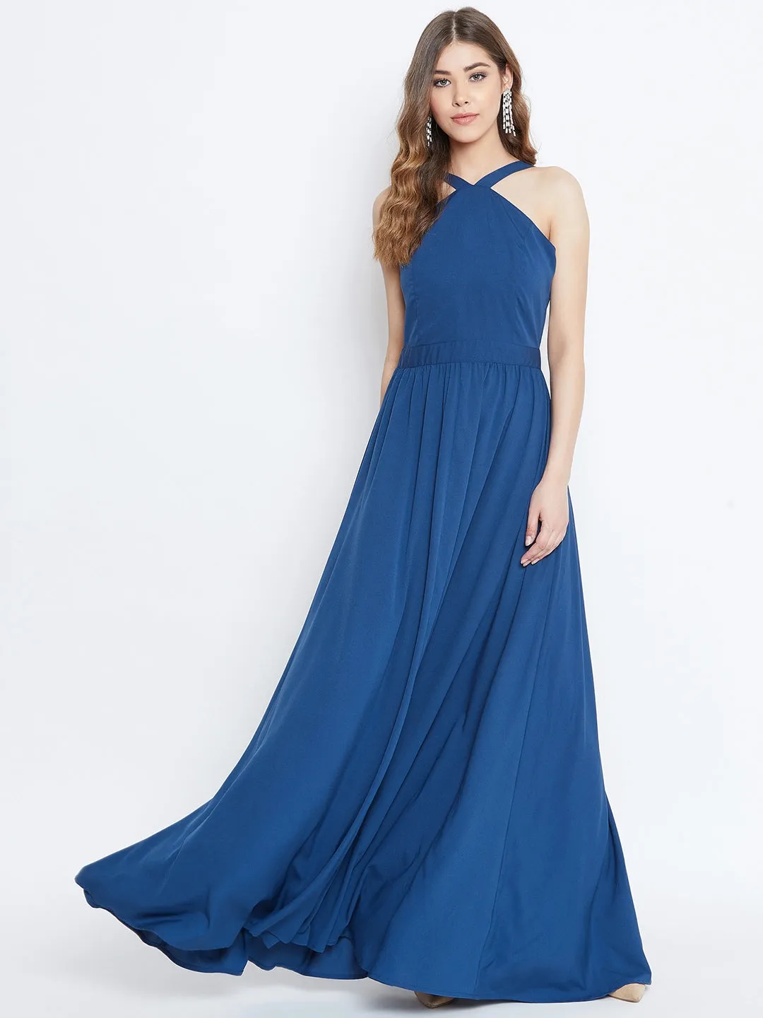 Berrylush Women Solid Blue Halter Neck Flared Maxi Dress