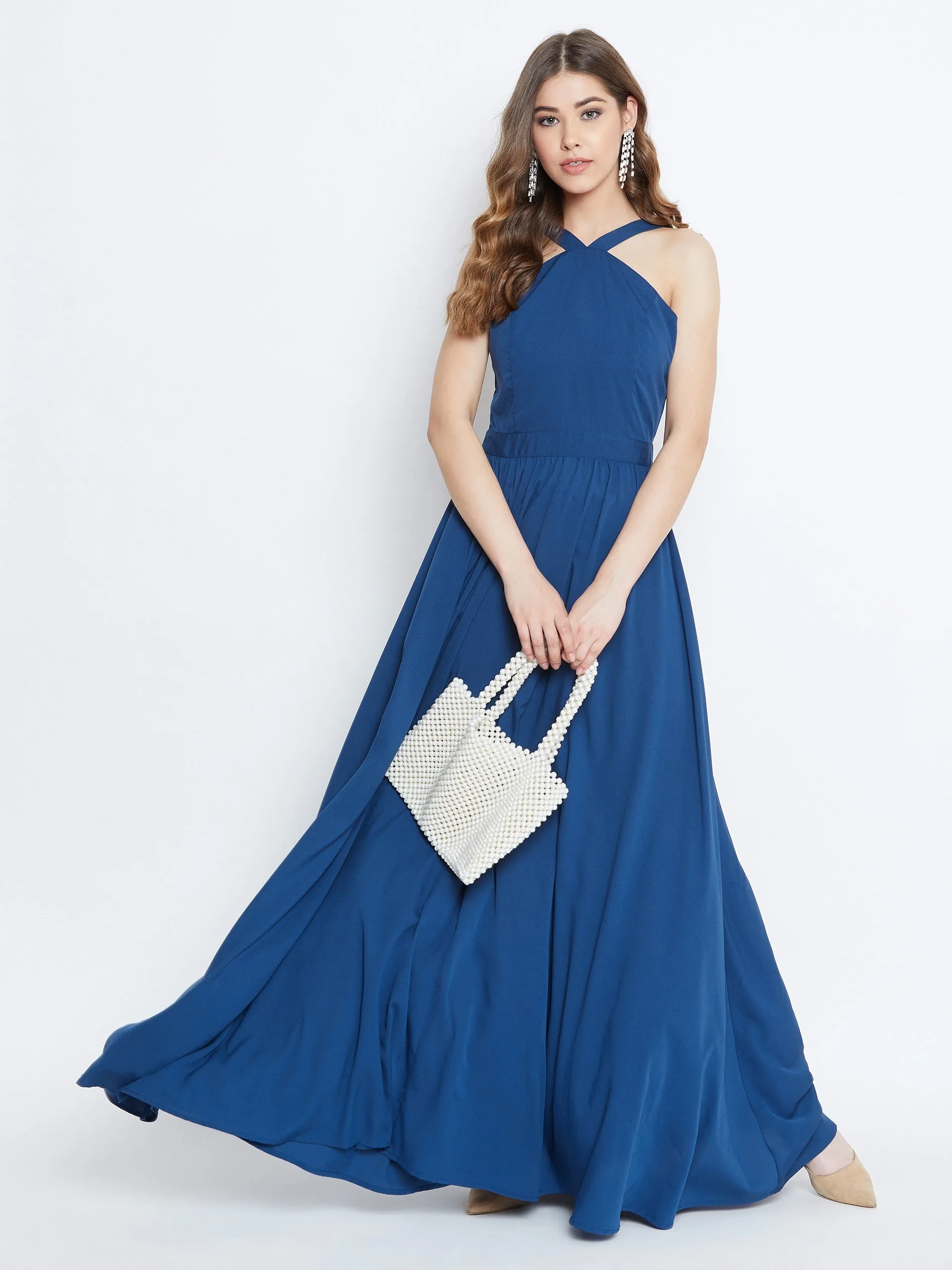 Berrylush Women Solid Blue Halter Neck Flared Maxi Dress