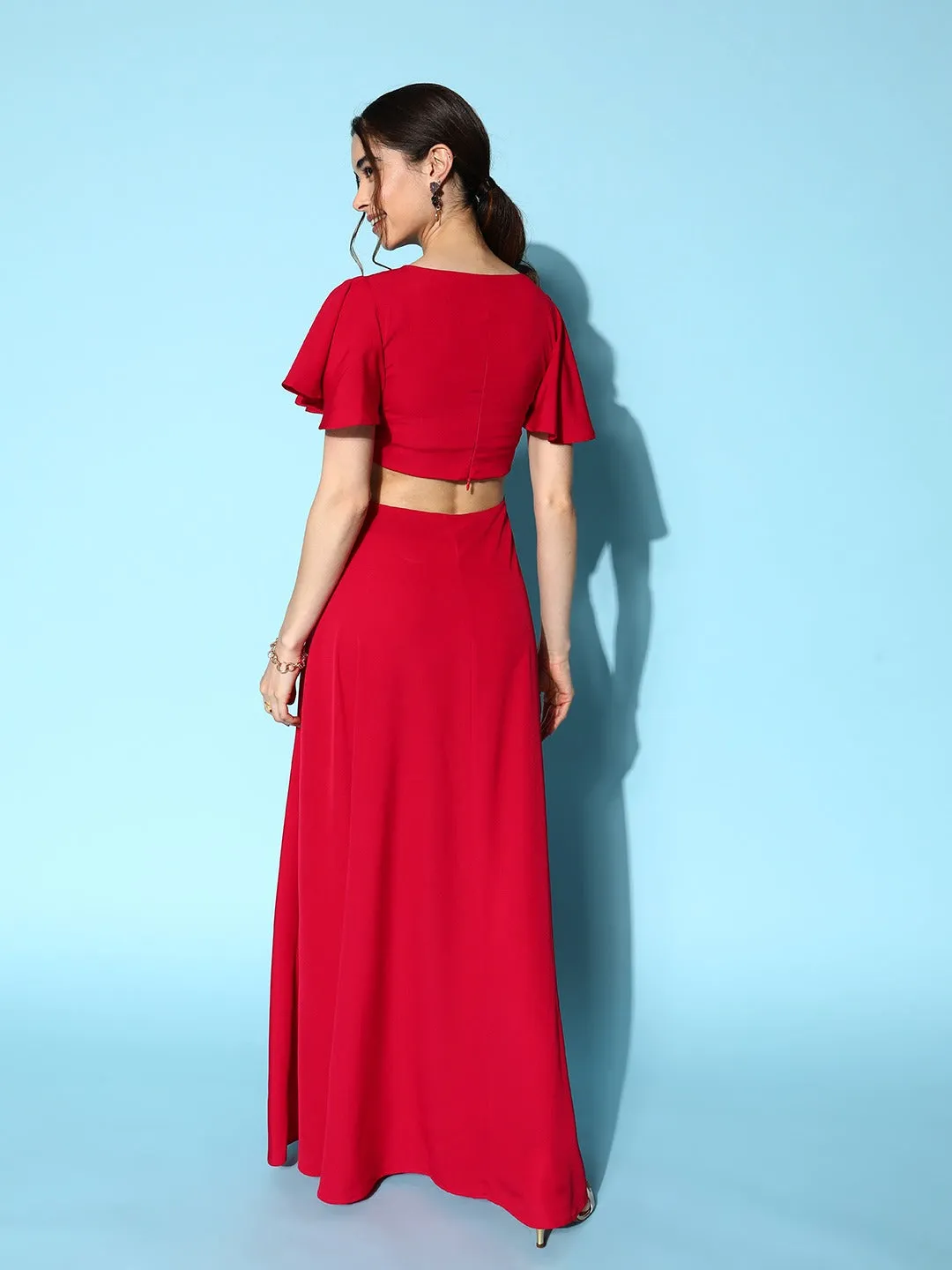 Berrylush Women Solid Red Round Neck Cutout Crepe Thigh-High Slit Fit & Flare Maxi Dress