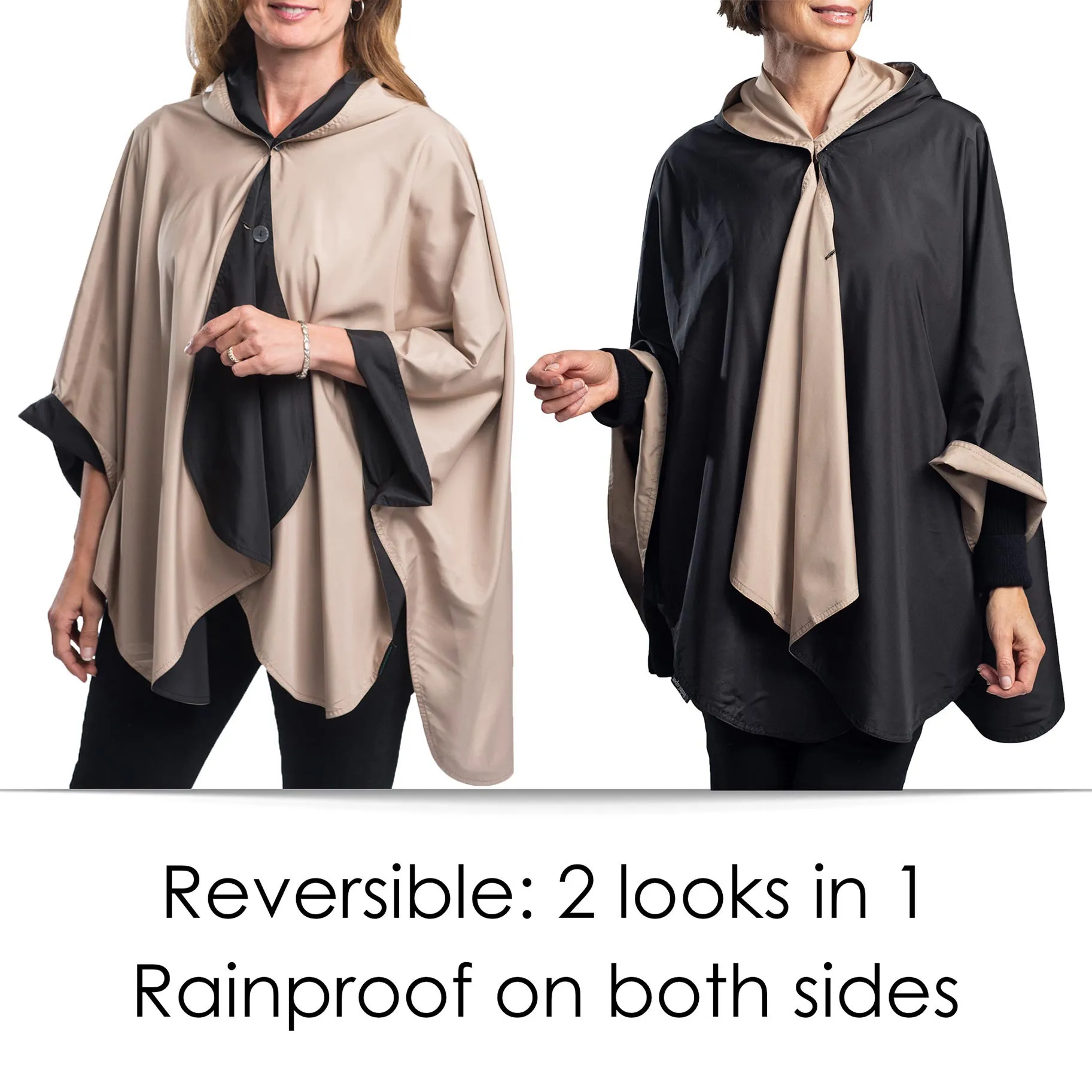 Black & Tan Camel Womens Rain Cape - Rainproof Breathable Rain Poncho