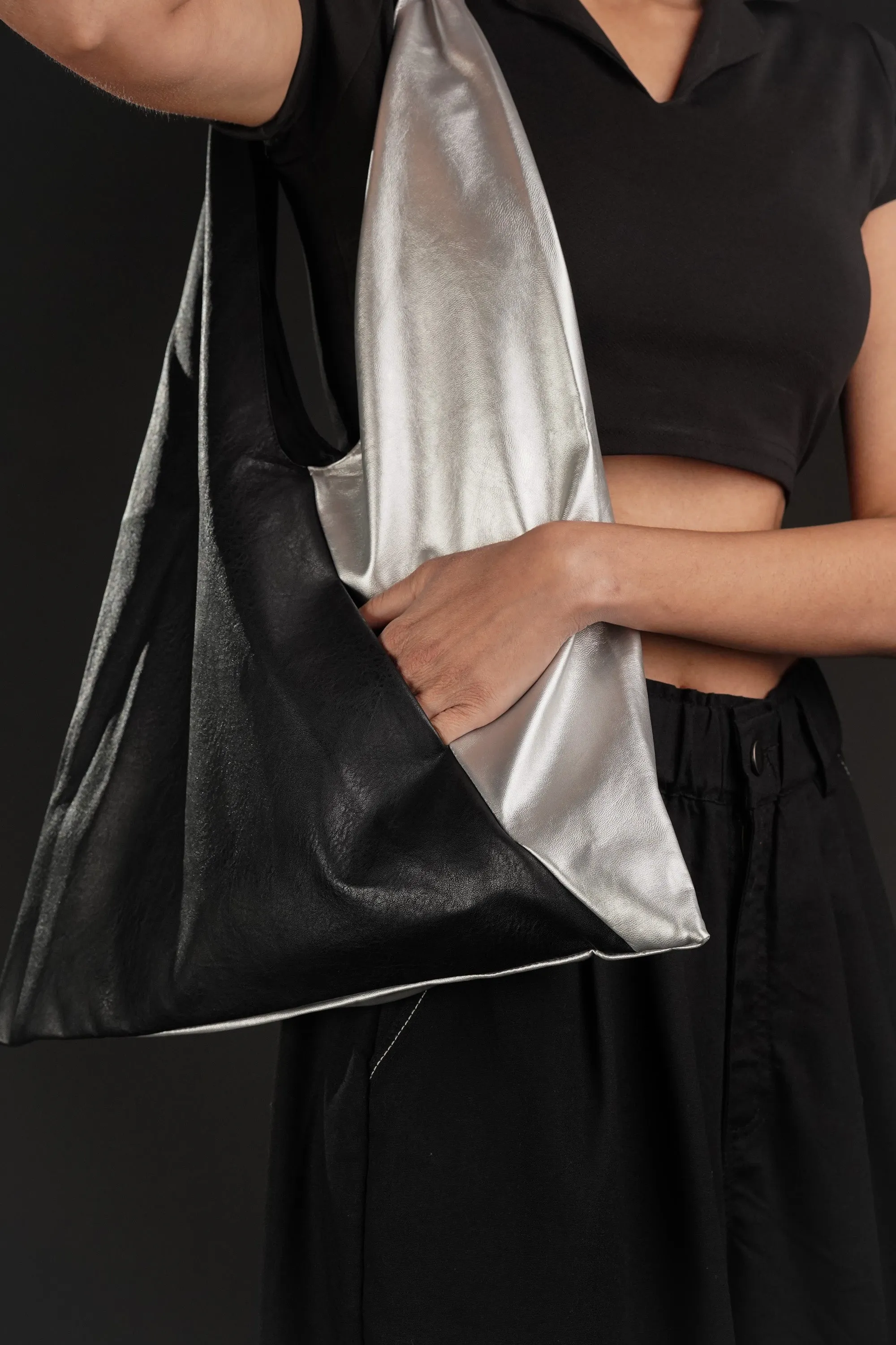 Black And Silver Leather Bindle Bag