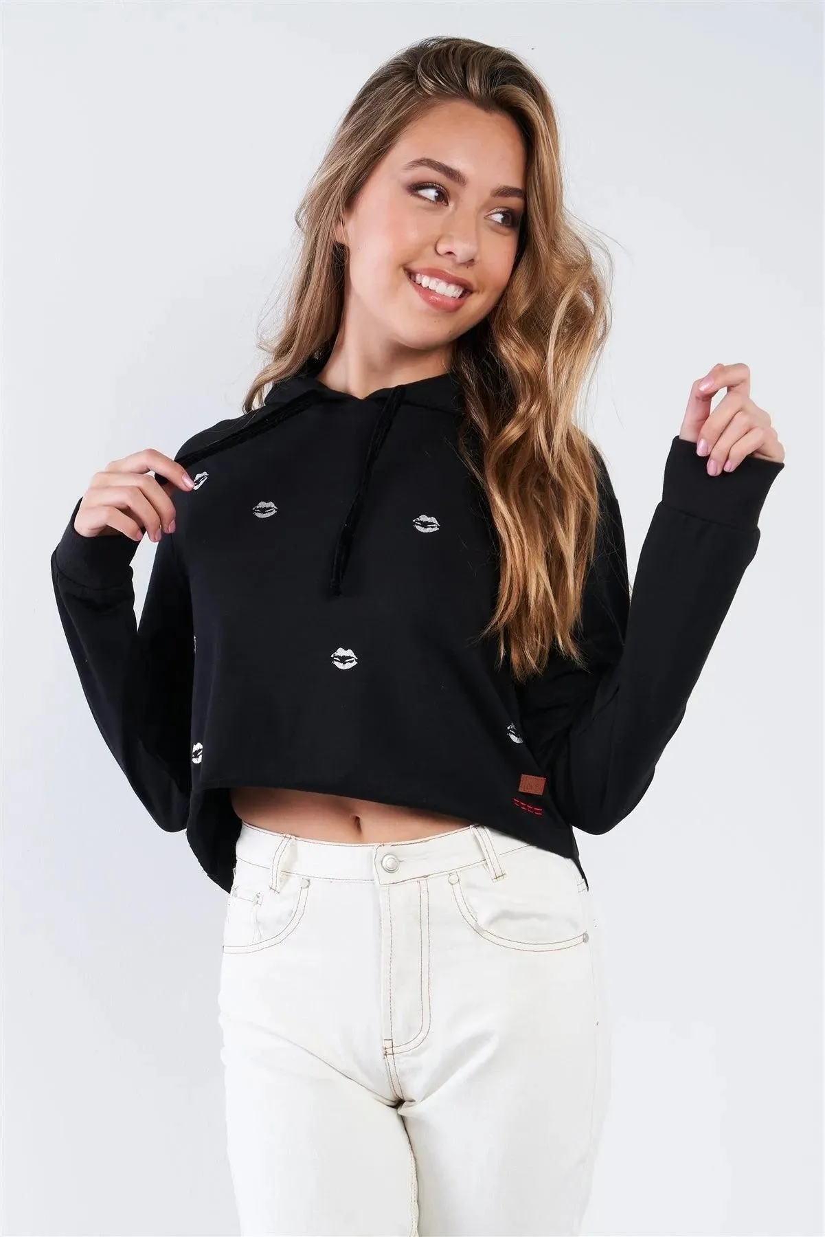 Black Long Sleeve Metallic Lip Detail Pullover Crop Hoodie Sweatshirt