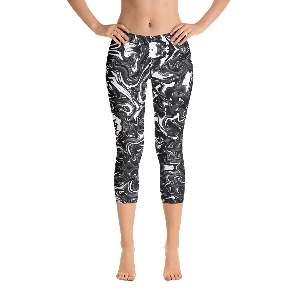 Black Marbled Capri Leggings, Marble Print Women's Abstract Capris Tights-Made in USA/EU