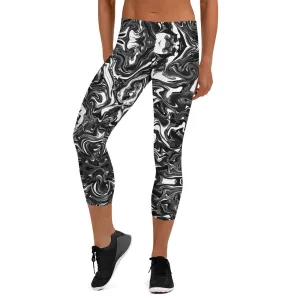 Black Marbled Capri Leggings, Marble Print Women's Abstract Capris Tights-Made in USA/EU