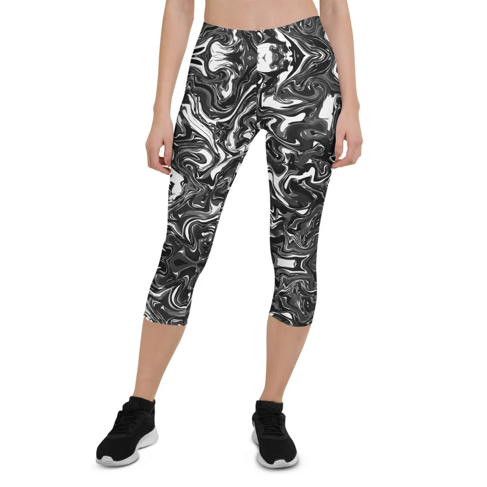 Black Marbled Capri Leggings, Marble Print Women's Abstract Capris Tights-Made in USA/EU