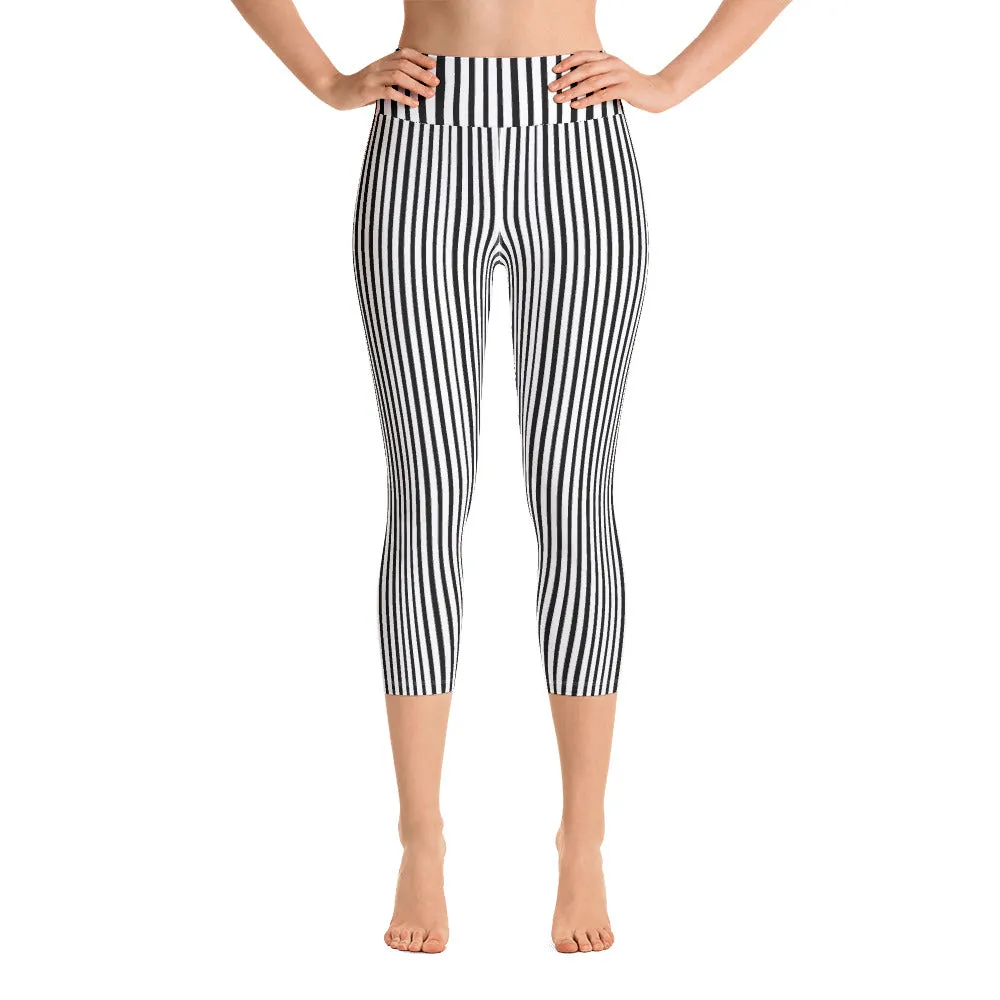 Black White Vertical Striped Tights, Best Vertical Stripe Print Women's Yoga Capri Leggings Pants- Made in USA/EU