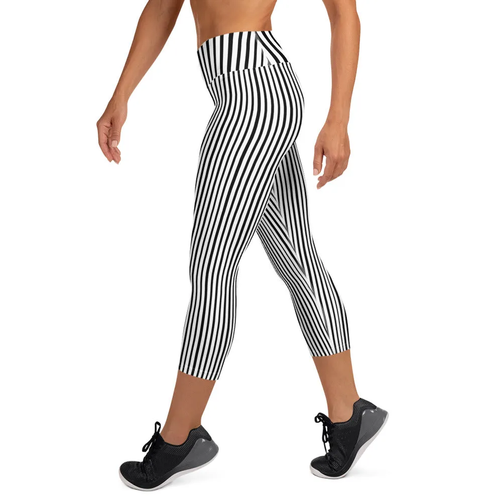 Black White Vertical Striped Tights, Best Vertical Stripe Print Women's Yoga Capri Leggings Pants- Made in USA/EU