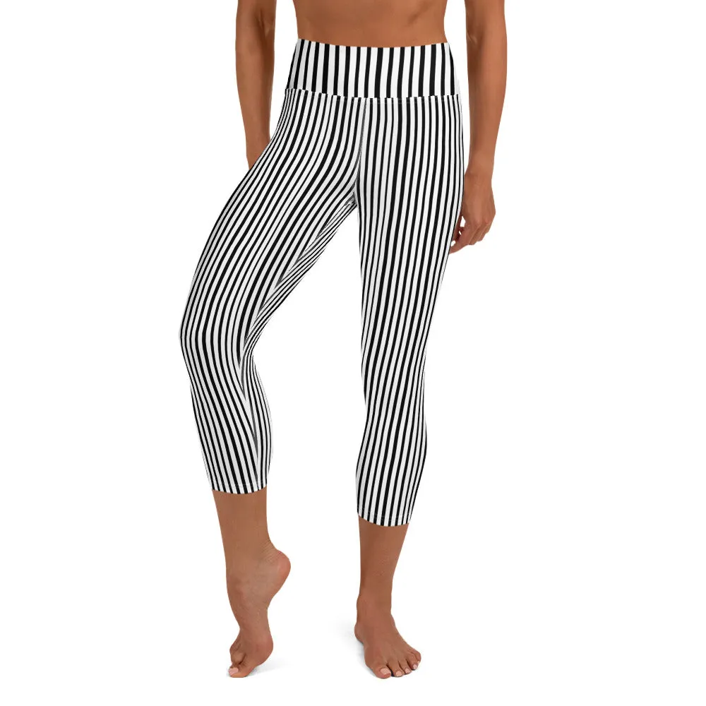 Black White Vertical Striped Tights, Best Vertical Stripe Print Women's Yoga Capri Leggings Pants- Made in USA/EU