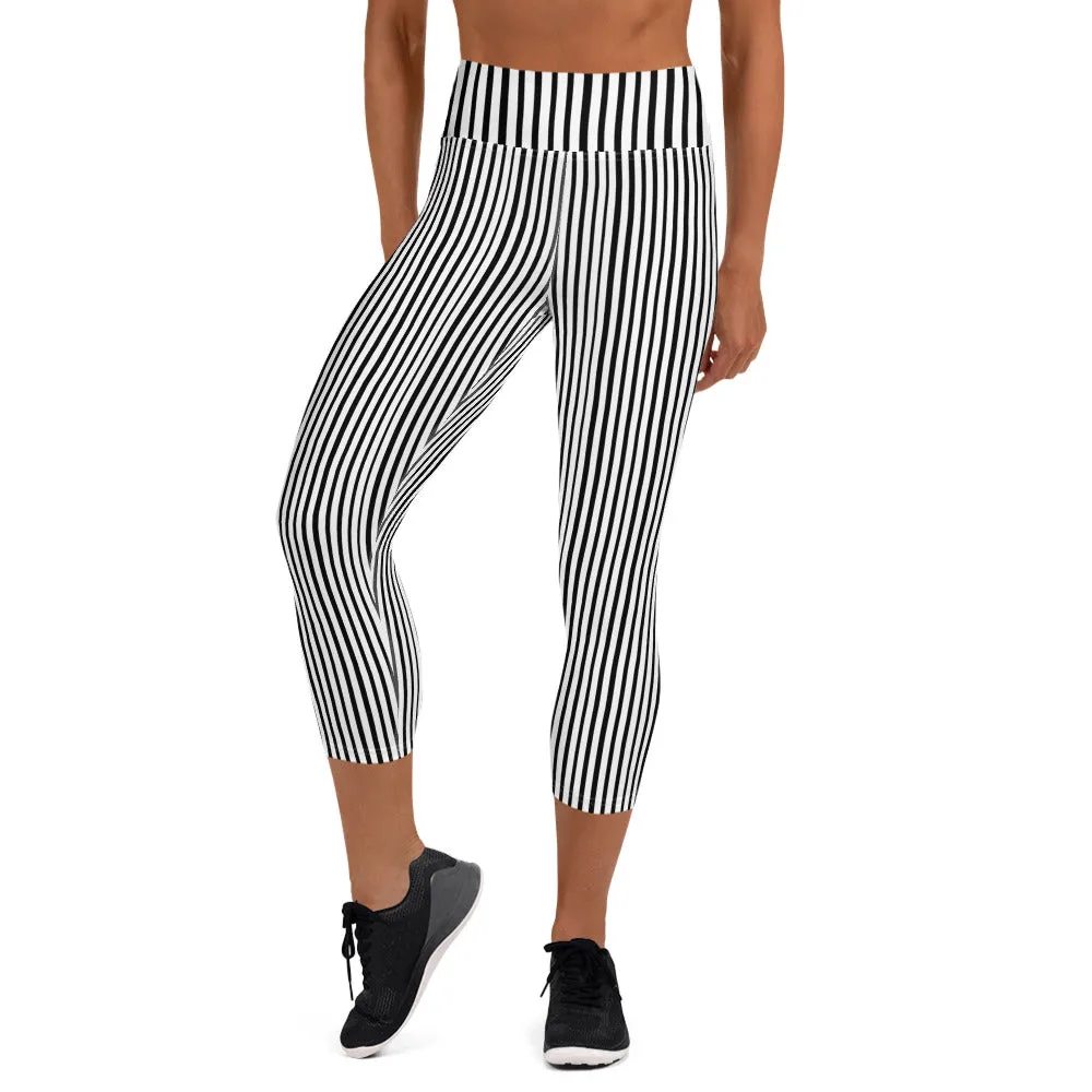 Black White Vertical Striped Tights, Best Vertical Stripe Print Women's Yoga Capri Leggings Pants- Made in USA/EU