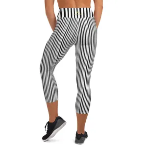 Black White Vertical Striped Tights, Best Vertical Stripe Print Women's Yoga Capri Leggings Pants- Made in USA/EU