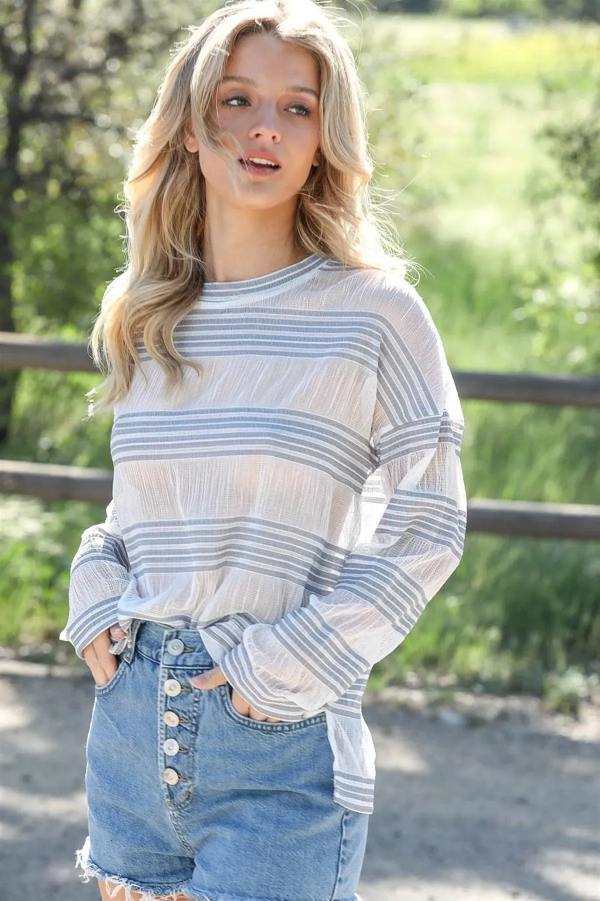 Blue Crochet Stripe Long Sleeve Semi-Sheer Top