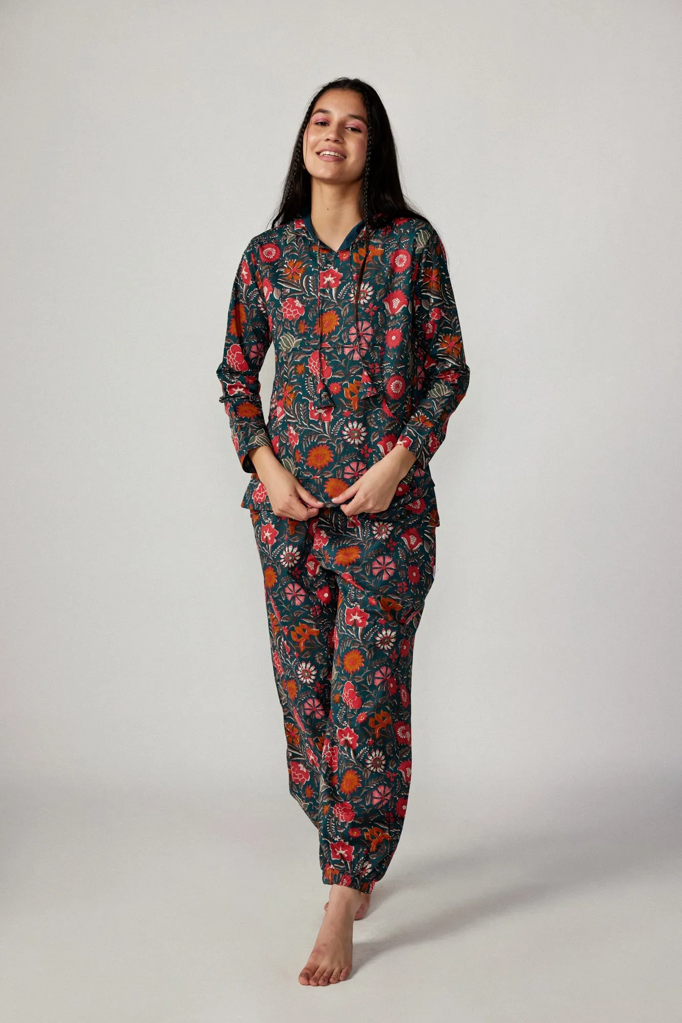 Bohemian Jaal on Blue Cotton Hoodie Set