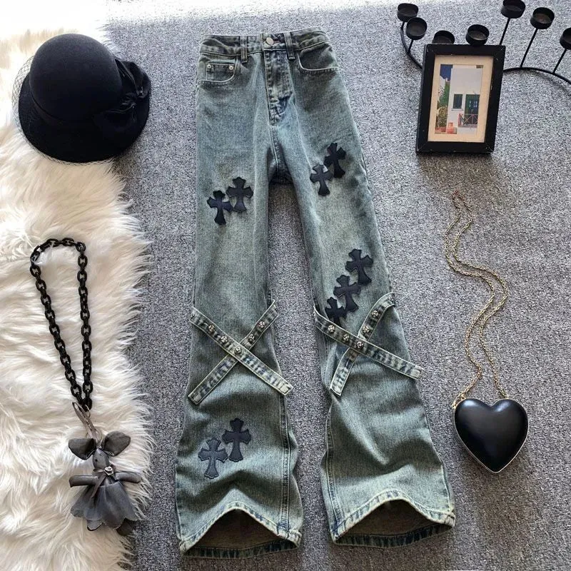 Bonnyshow Cross Patch High Waist Jeans Women American Vintage Fashion Straight Leg Jeans Harajuku Style Loose Wide Leg Trousers Y2k Pants