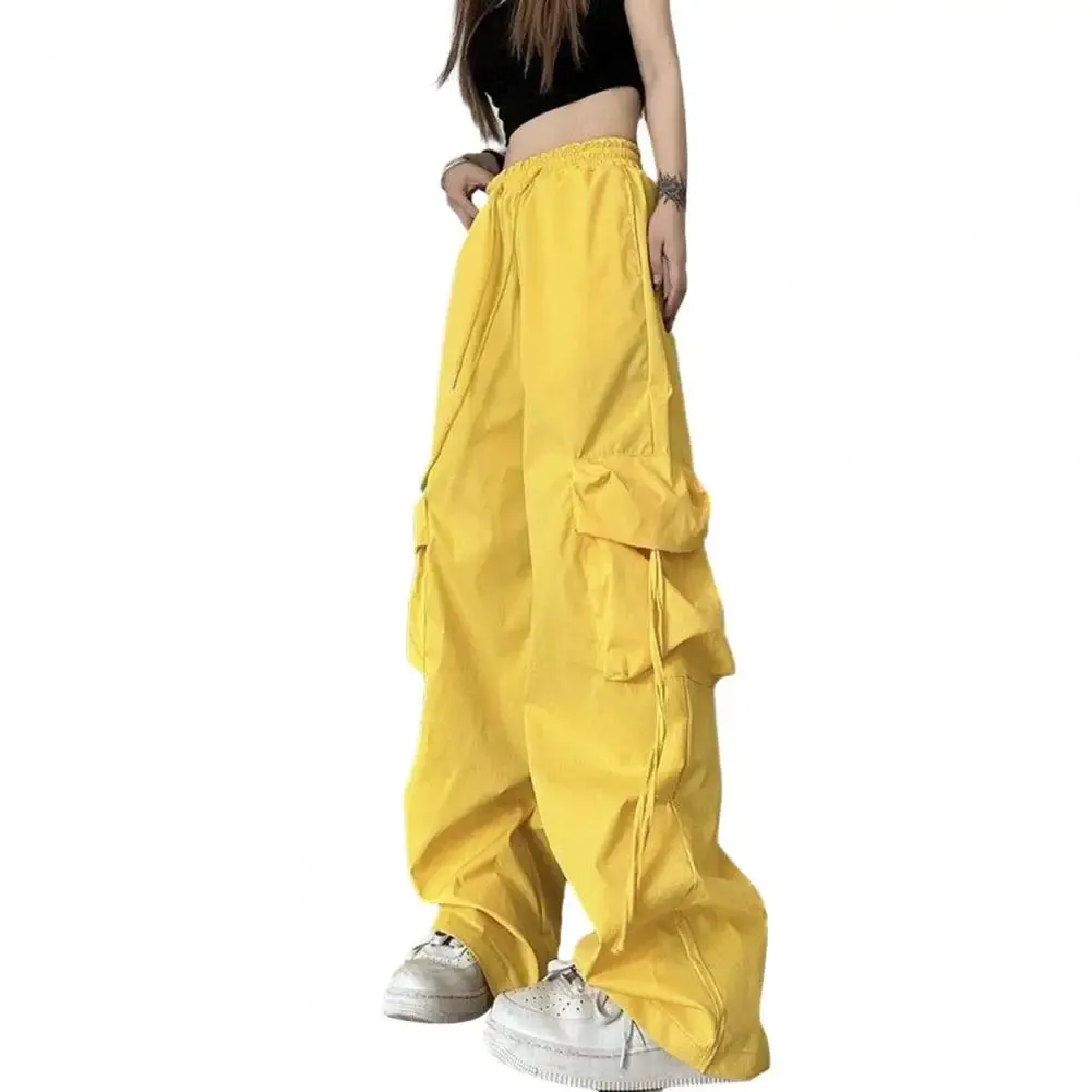 Bonnyshow Retro Women Elastic High Waist Cargo Pants Drawstring Multi Pockets Straight Wide Leg Casual Long Trousers Streetwear