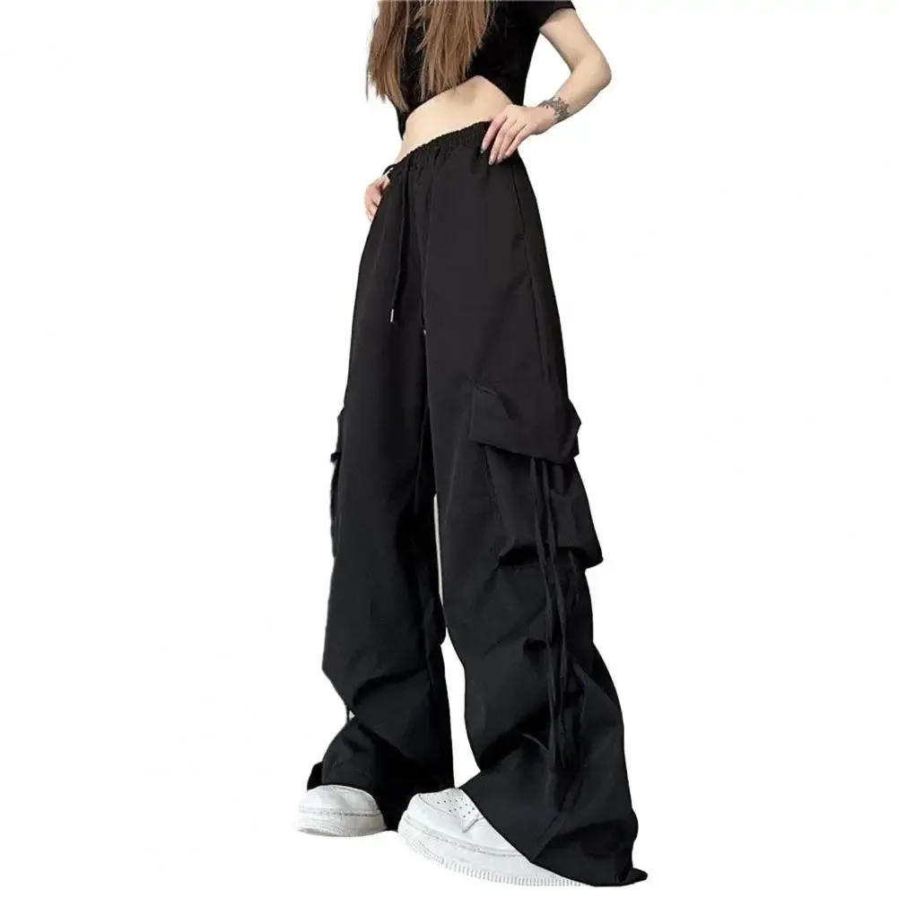 Bonnyshow Retro Women Elastic High Waist Cargo Pants Drawstring Multi Pockets Straight Wide Leg Casual Long Trousers Streetwear