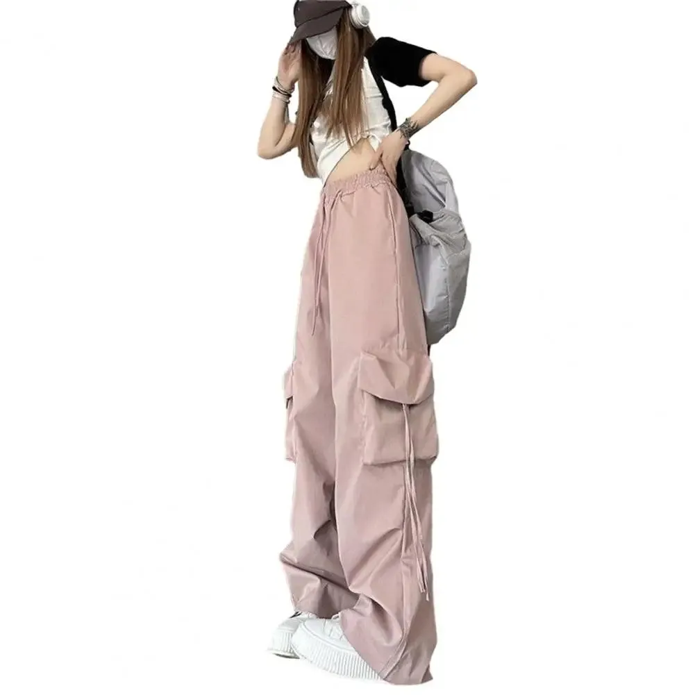 Bonnyshow Retro Women Elastic High Waist Cargo Pants Drawstring Multi Pockets Straight Wide Leg Casual Long Trousers Streetwear