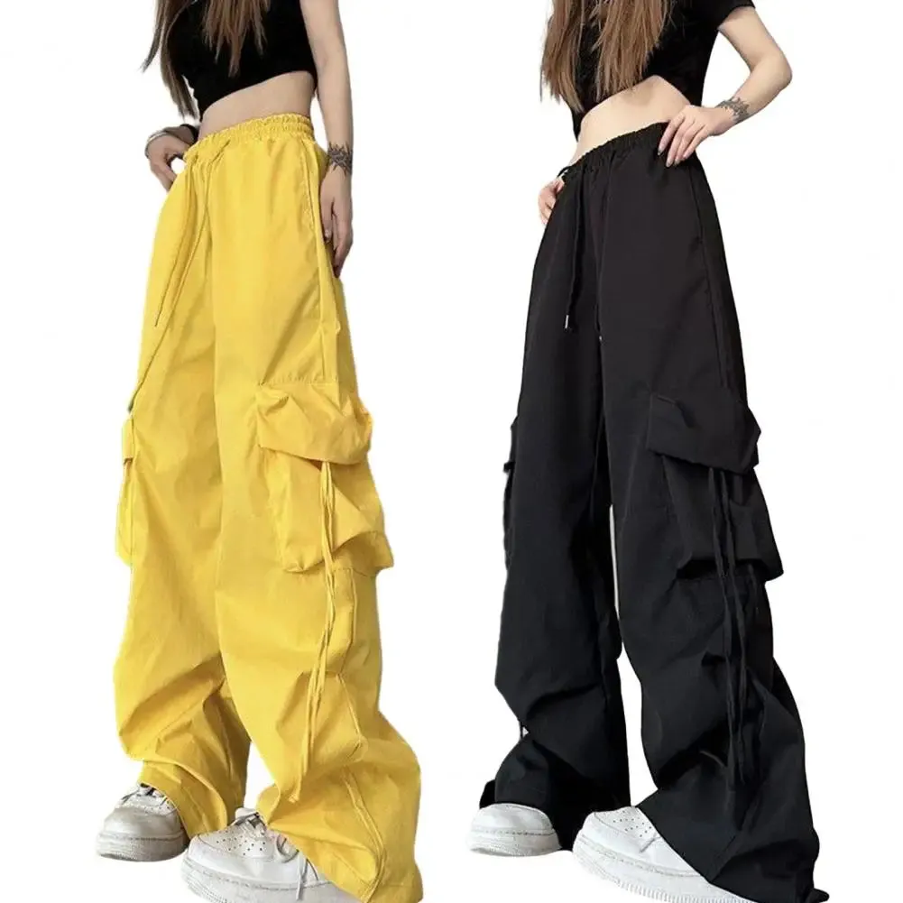 Bonnyshow Retro Women Elastic High Waist Cargo Pants Drawstring Multi Pockets Straight Wide Leg Casual Long Trousers Streetwear