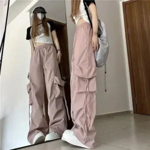 Bonnyshow Retro Women Elastic High Waist Cargo Pants Drawstring Multi Pockets Straight Wide Leg Casual Long Trousers Streetwear