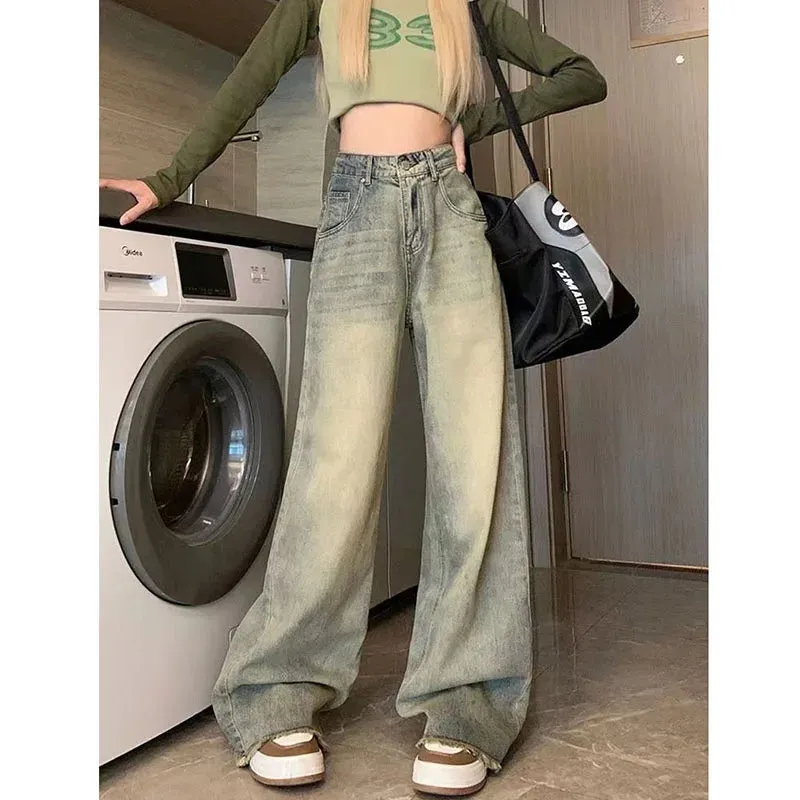 Bonnyshow Wide Leg Denim Pants for Women Vintage 90S Streetwear Baggy Y2K Jeans Woman New High Waist Full Length Straight Trousers