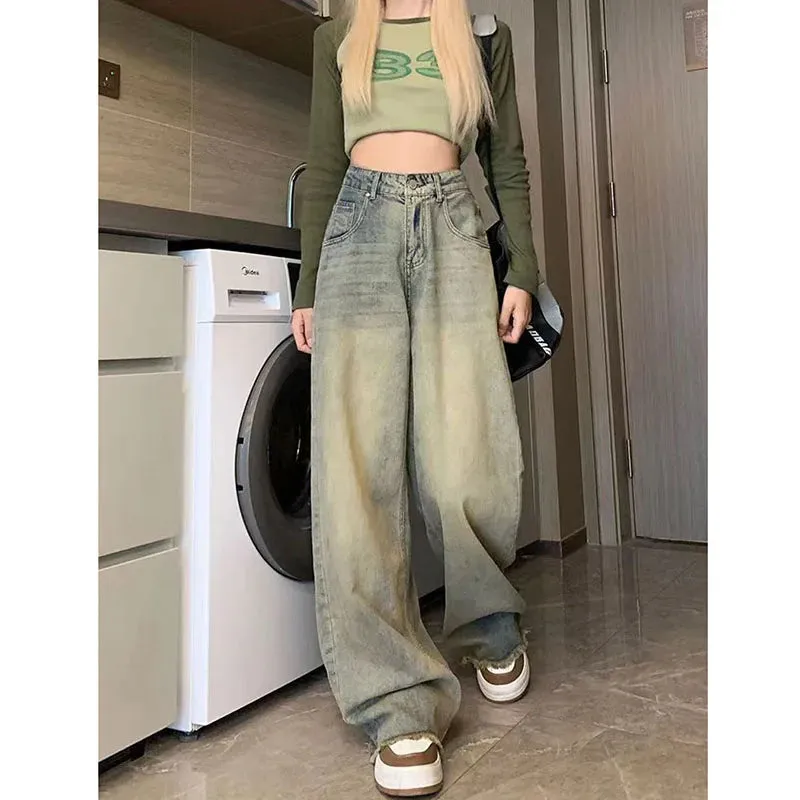 Bonnyshow Wide Leg Denim Pants for Women Vintage 90S Streetwear Baggy Y2K Jeans Woman New High Waist Full Length Straight Trousers