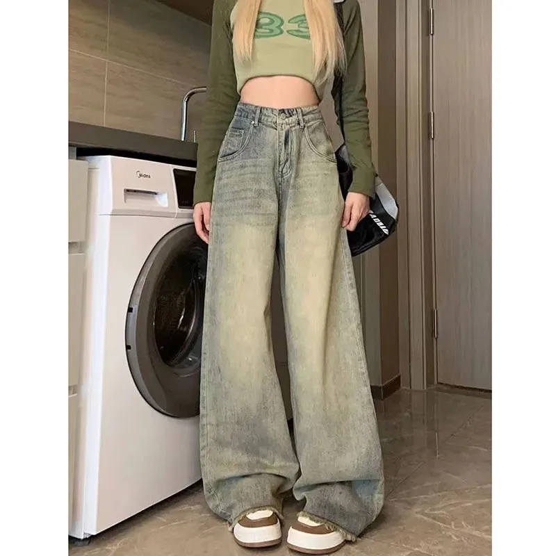 Bonnyshow Wide Leg Denim Pants for Women Vintage 90S Streetwear Baggy Y2K Jeans Woman New High Waist Full Length Straight Trousers