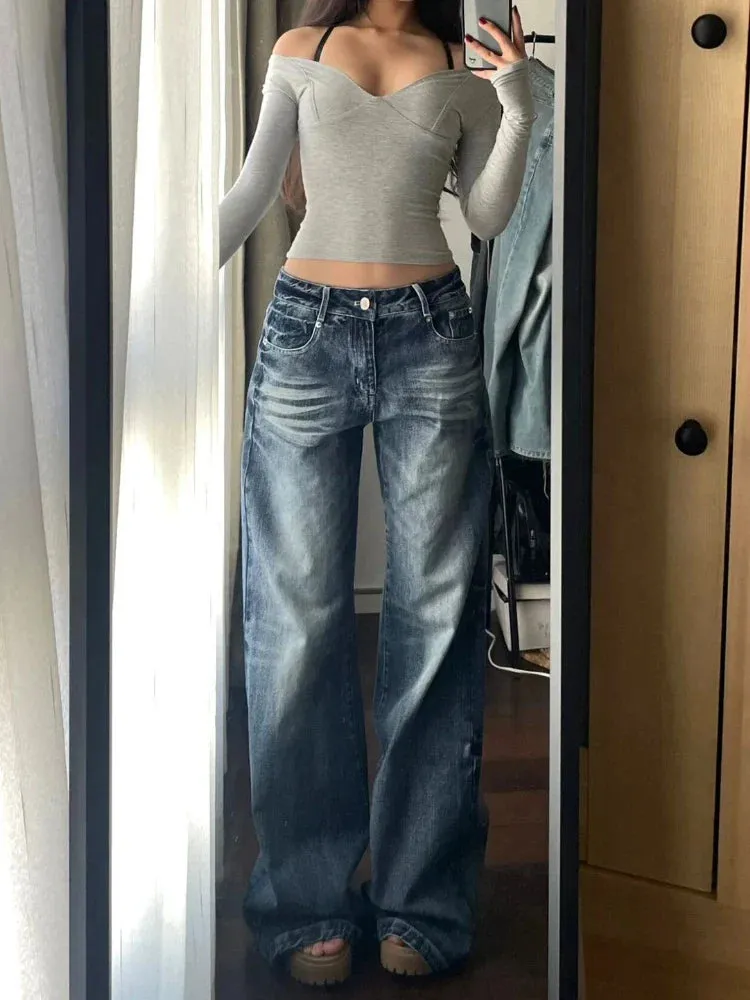 Bonnyshow Y2k Vintage Wide Leg Jeans for Women Washed Casual High Waist Loose Denim Pants Streetwear Korean Straight Trousers