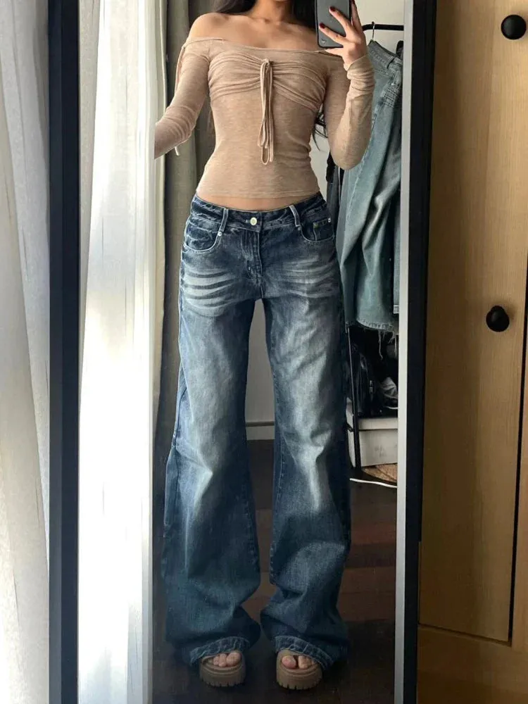 Bonnyshow Y2k Vintage Wide Leg Jeans for Women Washed Casual High Waist Loose Denim Pants Streetwear Korean Straight Trousers