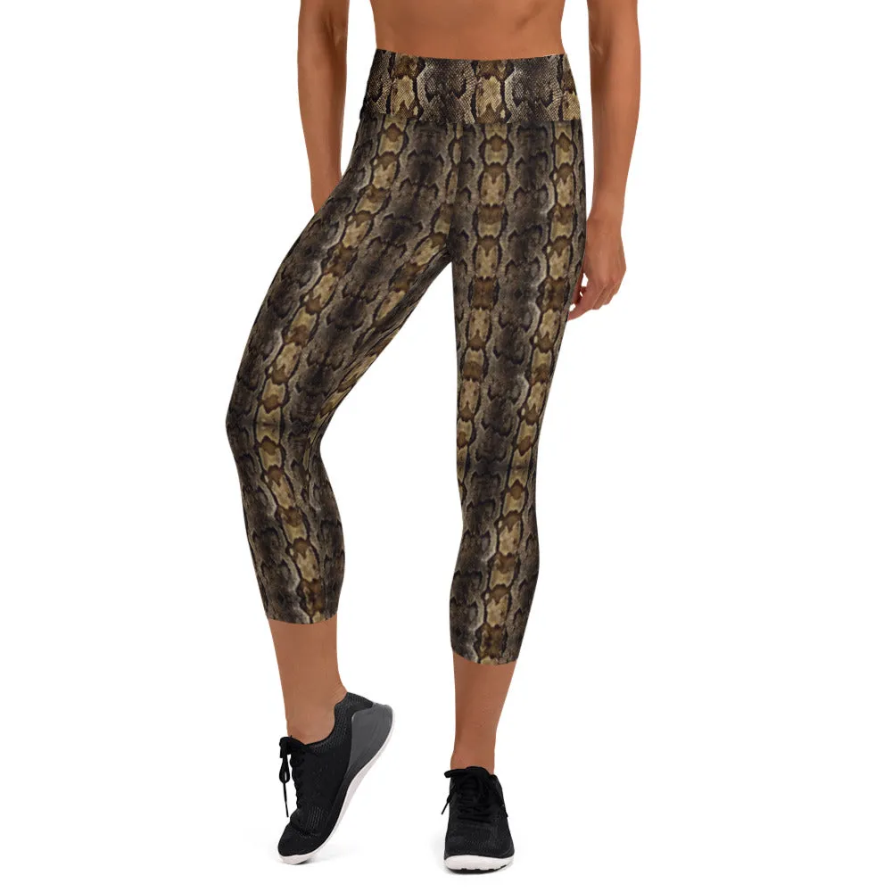 Brown Snake Print Capris Tights, Patterned Women's Capris Tights-Made in USA/EU/MX