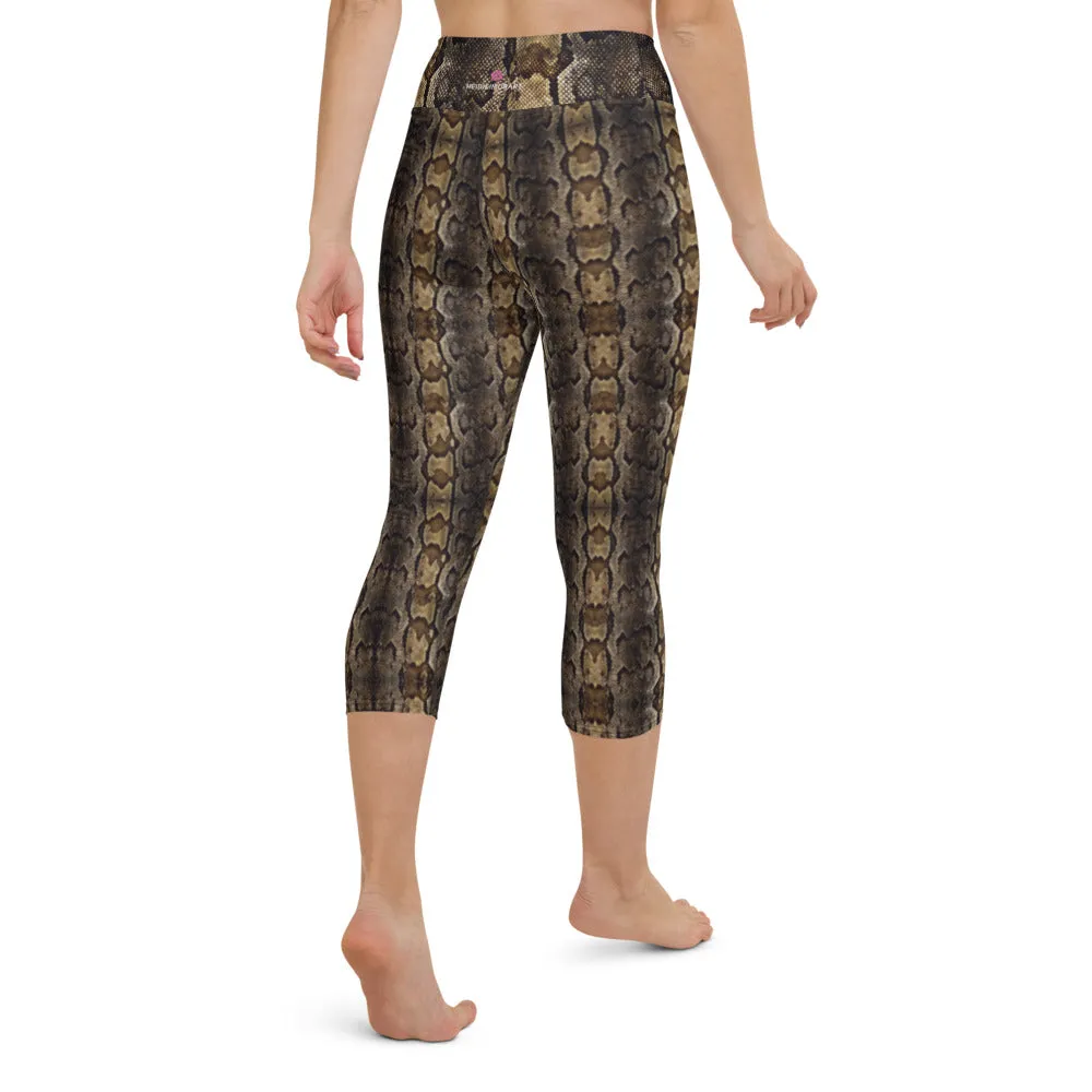 Brown Snake Print Capris Tights, Patterned Women's Capris Tights-Made in USA/EU/MX