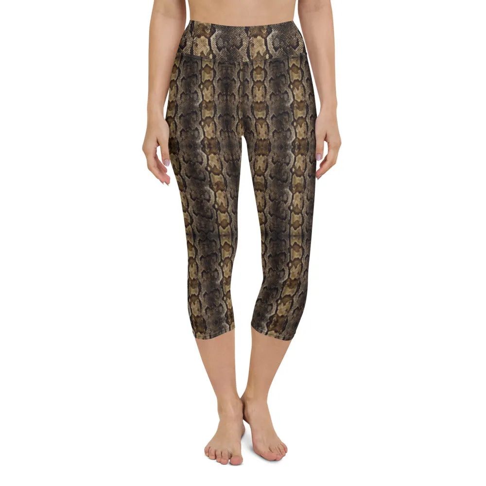 Brown Snake Print Capris Tights, Patterned Women's Capris Tights-Made in USA/EU/MX