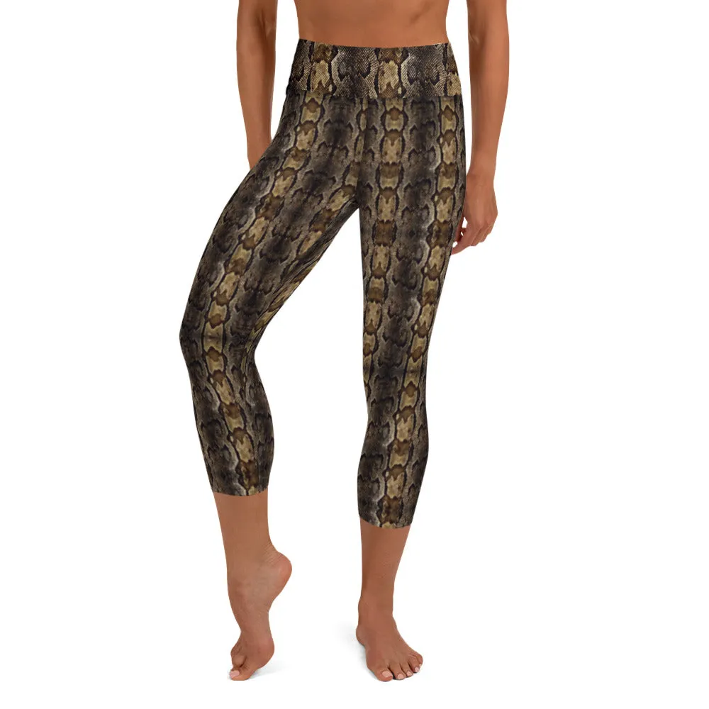 Brown Snake Print Capris Tights, Patterned Women's Capris Tights-Made in USA/EU/MX