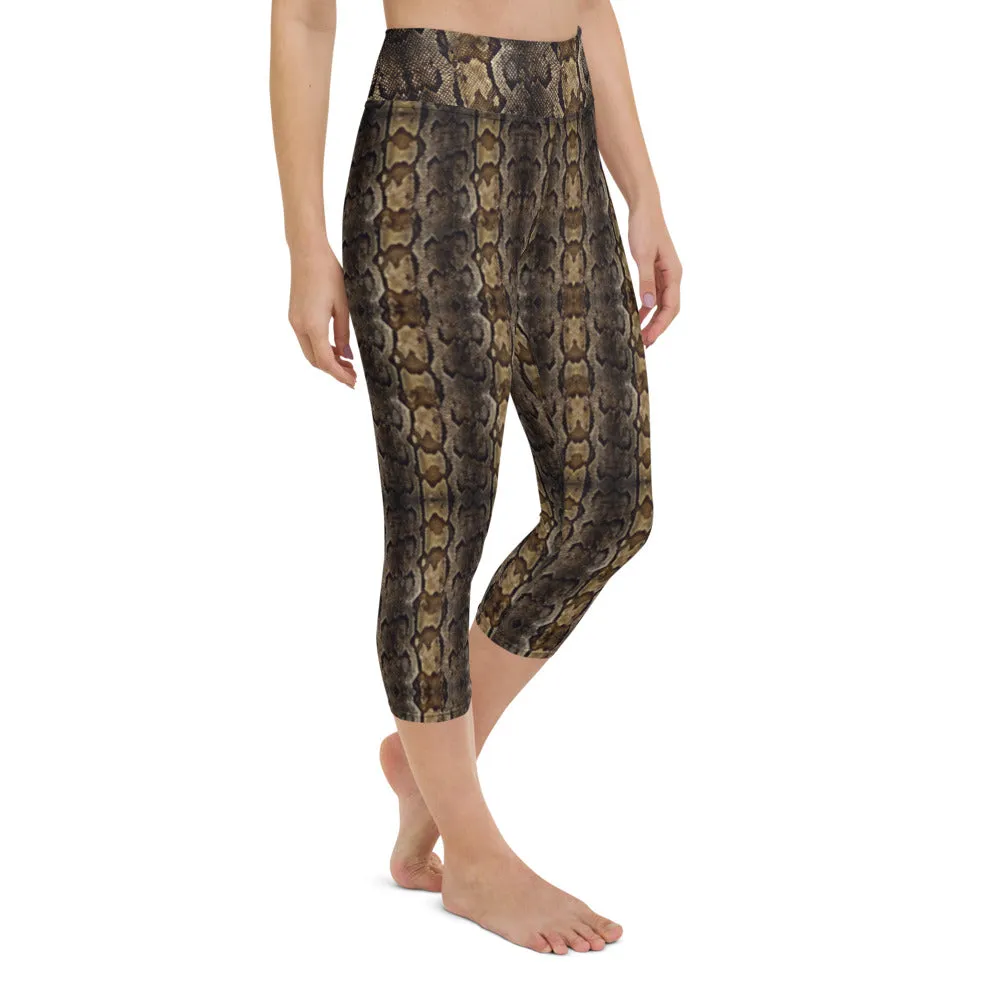 Brown Snake Print Capris Tights, Patterned Women's Capris Tights-Made in USA/EU/MX