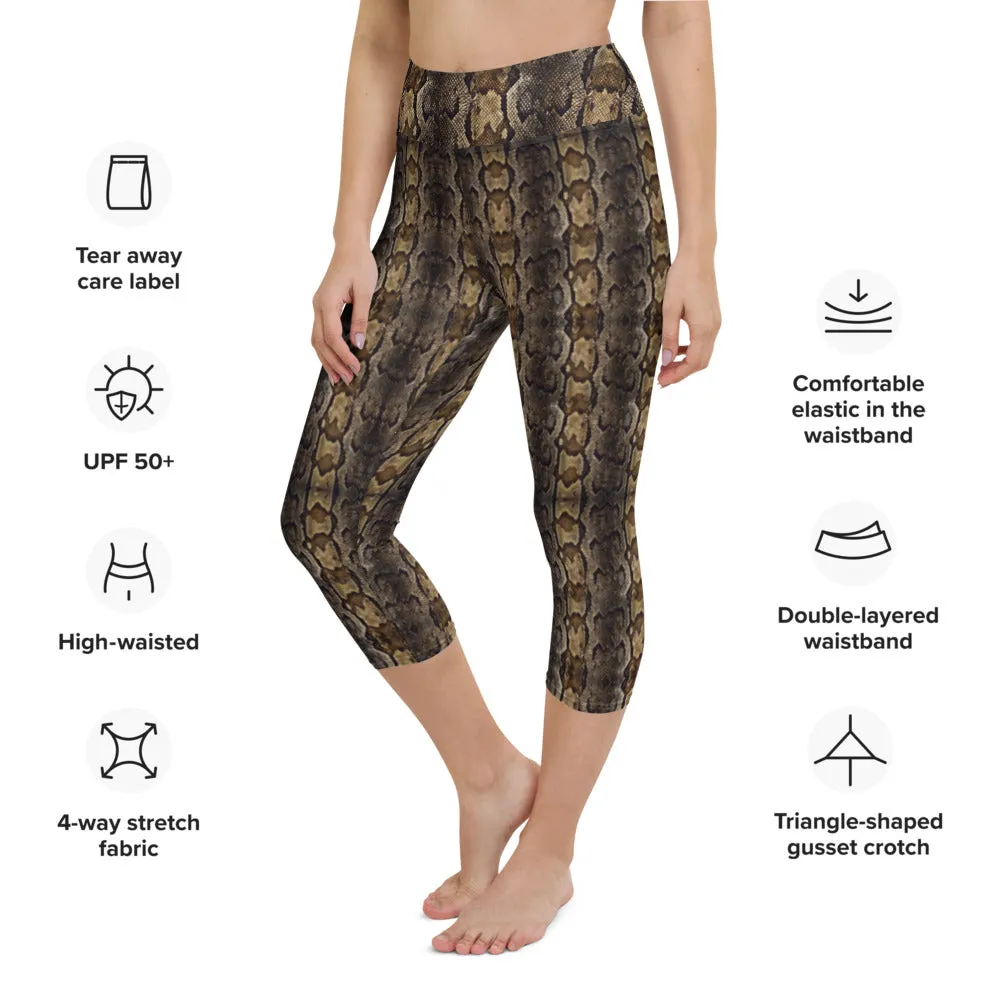 Brown Snake Print Capris Tights, Patterned Women's Capris Tights-Made in USA/EU/MX