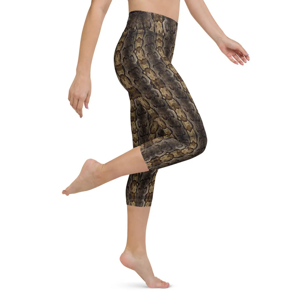 Brown Snake Print Capris Tights, Patterned Women's Capris Tights-Made in USA/EU/MX