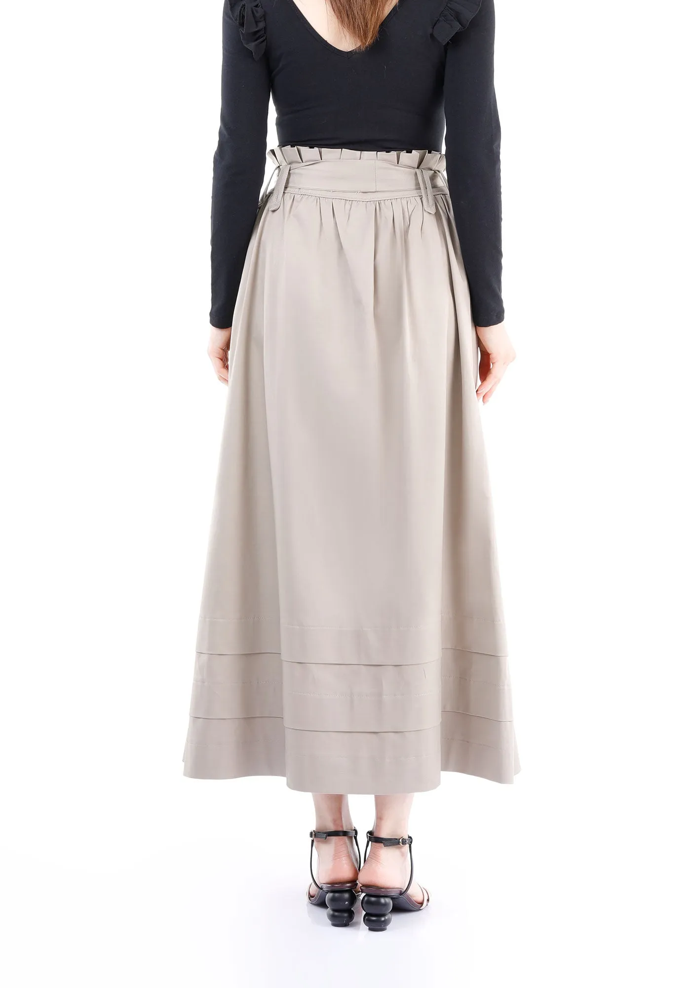 Camel Paper Bag Flared A-Line Maxi Skirt with Pockets and Belt