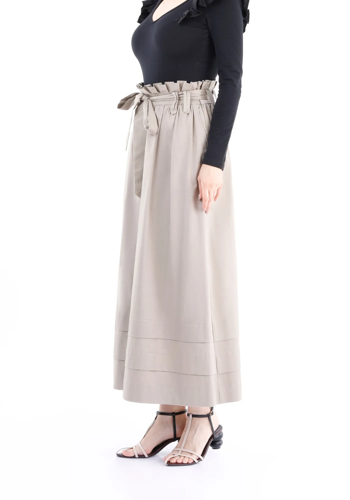 Camel Paper Bag Flared A-Line Maxi Skirt with Pockets and Belt