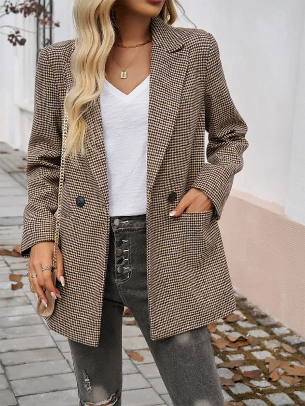 Classic Houndstooth Tailored Double Breasted Blazer Jacket for Women