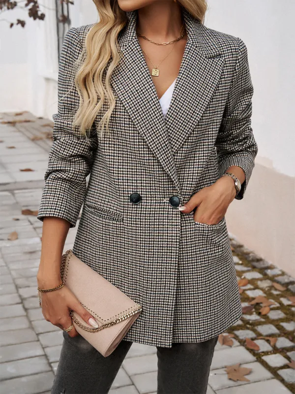 Classic Houndstooth Tailored Double Breasted Blazer Jacket for Women