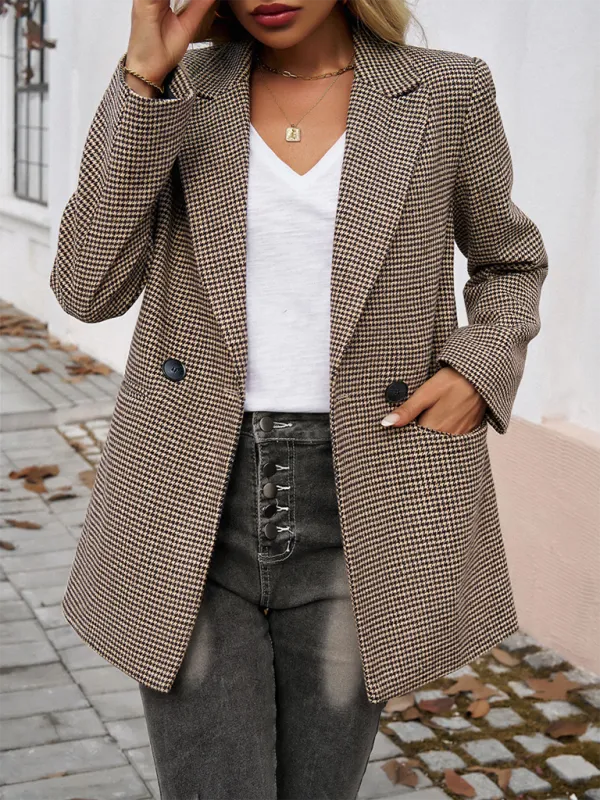 Classic Houndstooth Tailored Double Breasted Blazer Jacket for Women