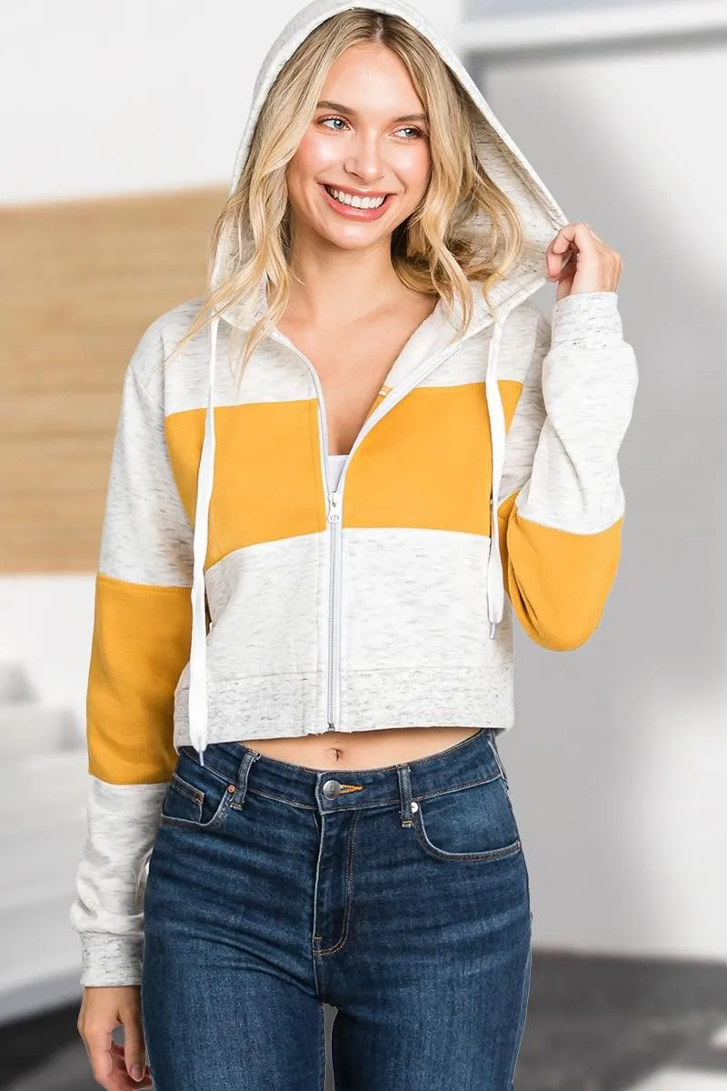 COLOR BLOCK LONG SLEEVE COZY CROP ZIP UP HOODIE