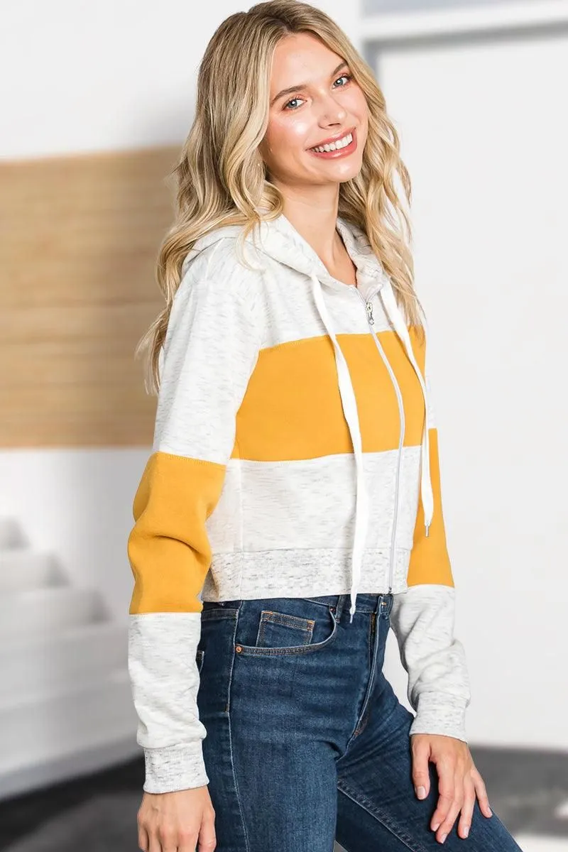 COLOR BLOCK LONG SLEEVE COZY CROP ZIP UP HOODIE