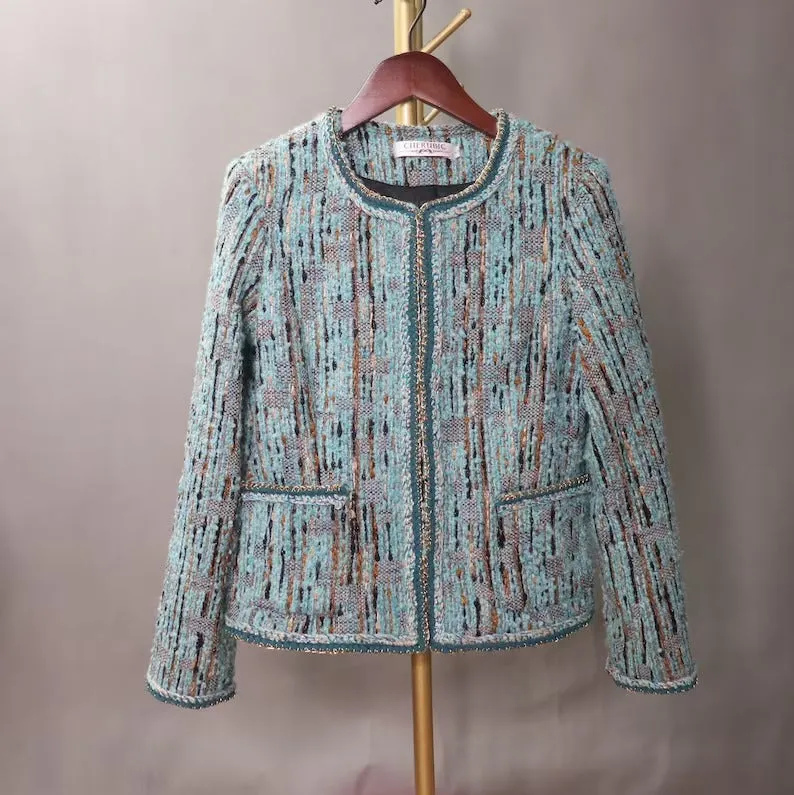 Custom Made Blue Jacket Multi-Color Tweed Coat