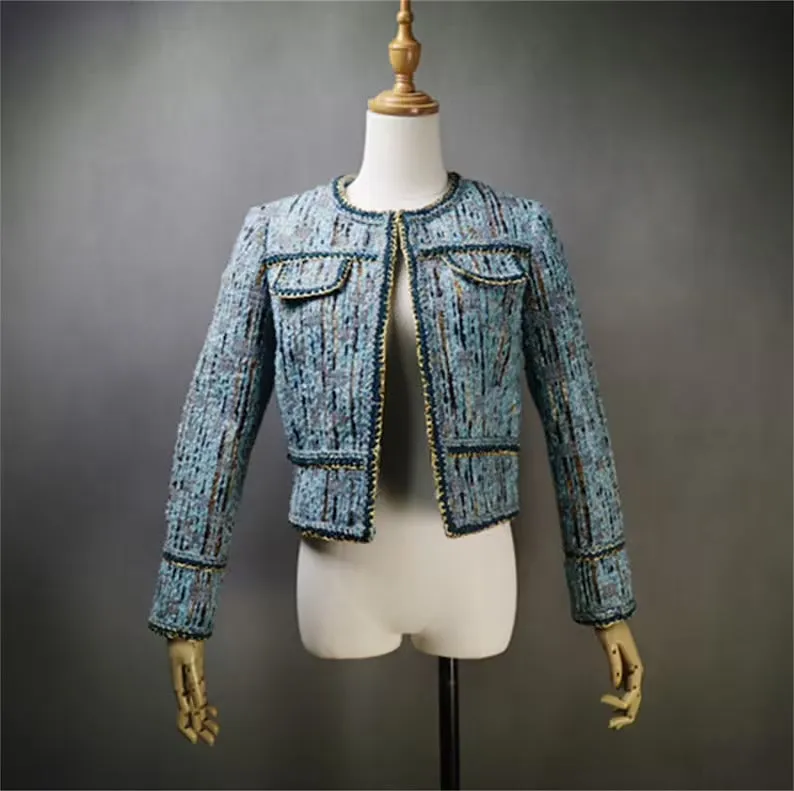 Custom Made Blue Jacket Multi-Color Tweed Coat