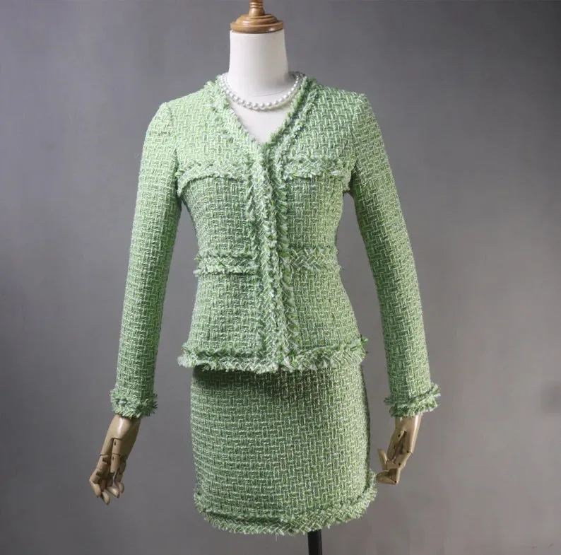 Custom Made Light Green Suit Tweed Jacket   Skirt