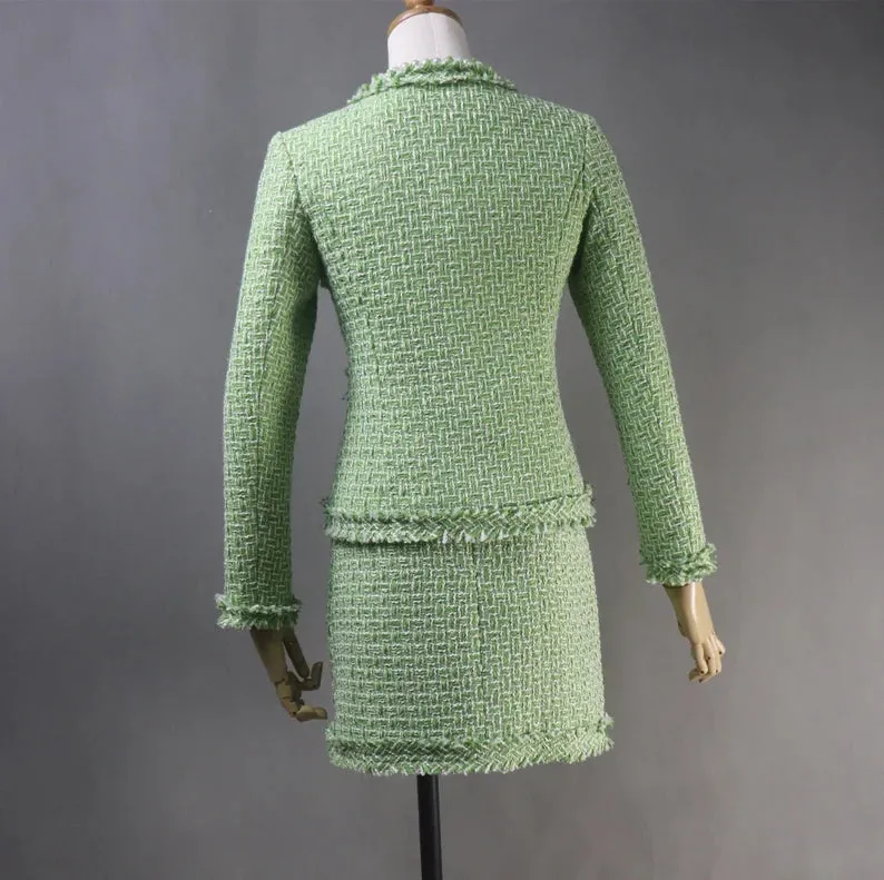 Custom Made Light Green Suit Tweed Jacket   Skirt