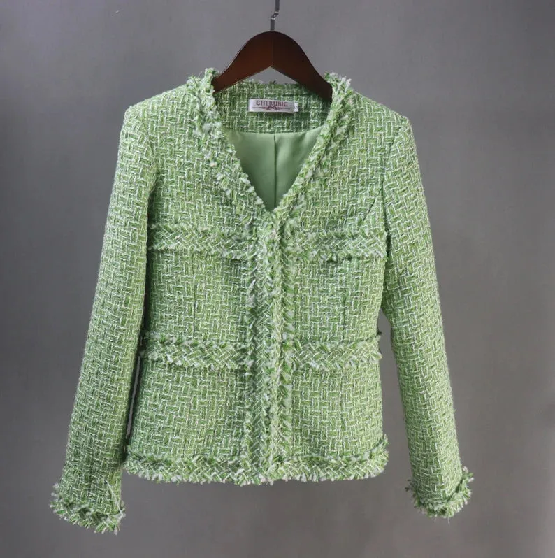 Custom Made Light Green Suit Tweed Jacket   Skirt