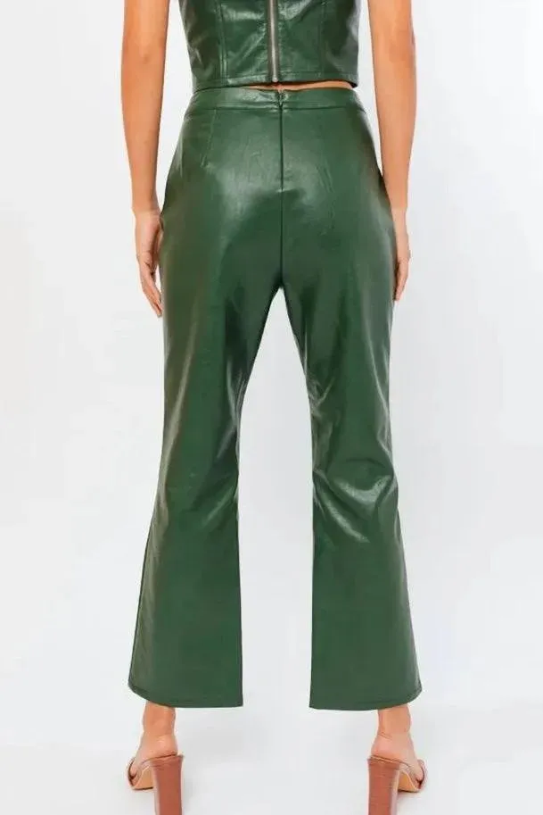 Dark Green Faux Leather Strapless Crop Corset Top & High Waist Pants Set /1-1-2-1